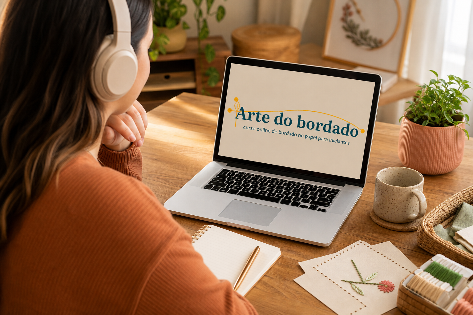 Aluna assistindo aula online da Arte do bordado
